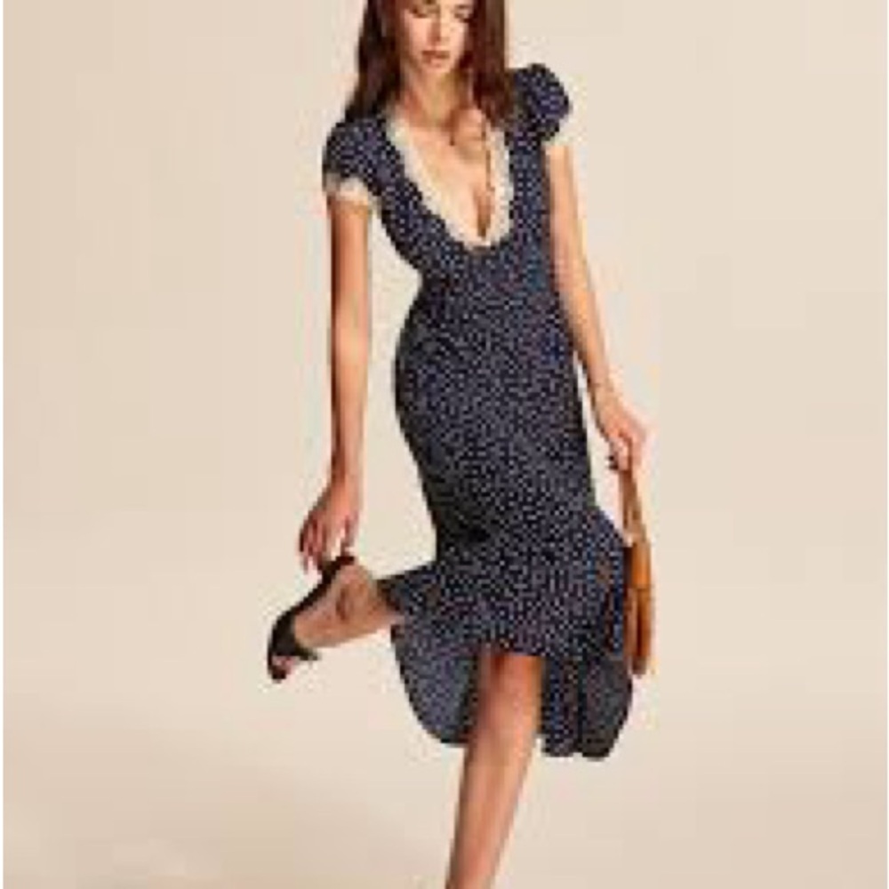 Commense Navy Polka-Dot High-Low V-Neck Dress